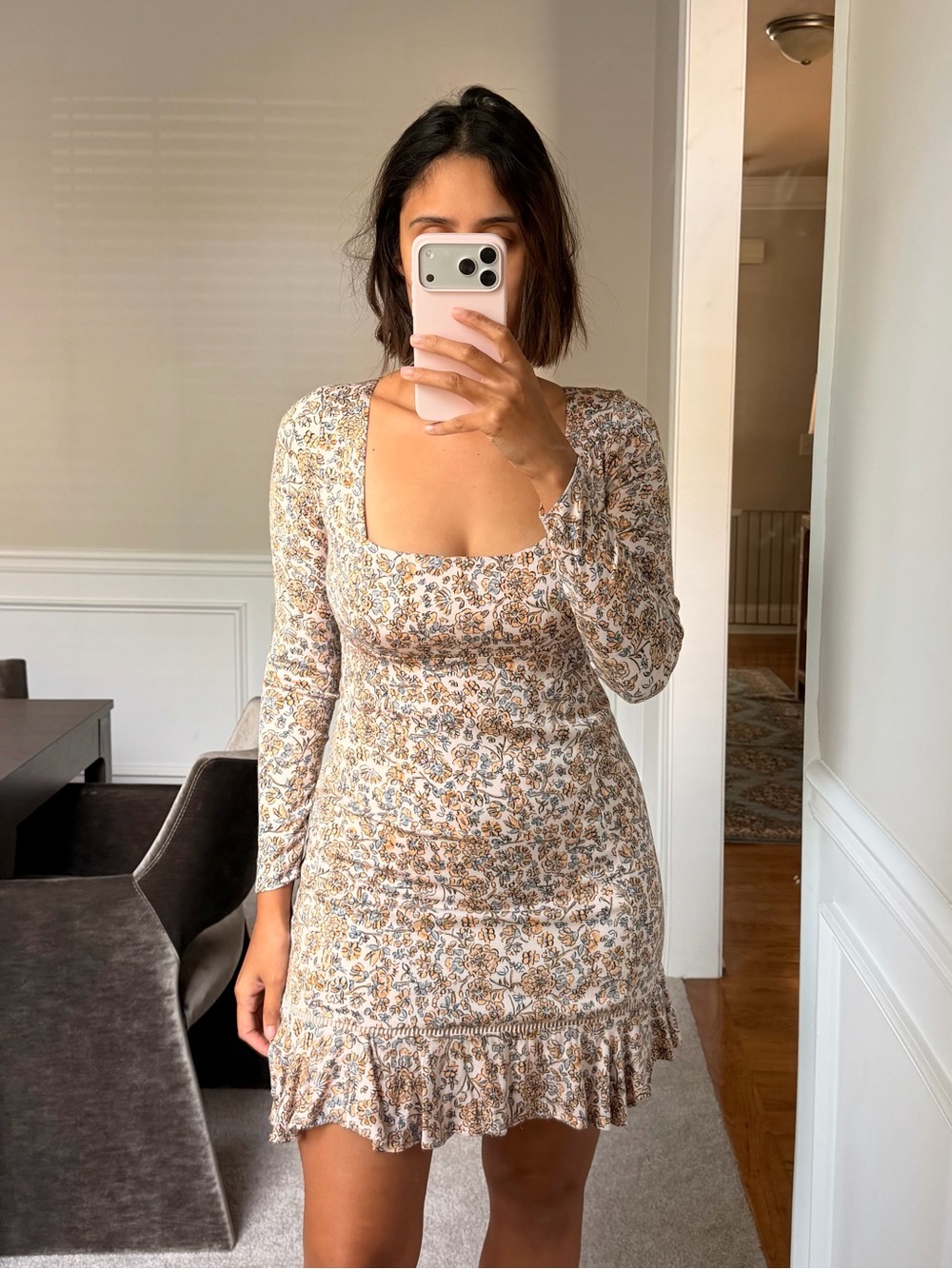 Free People Neutral Floral Square-Neck Long Sleeve Mini Dress